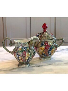 Vintage Hand Painted Ceramic Pitcher Lidded Jar Majolica Style Set